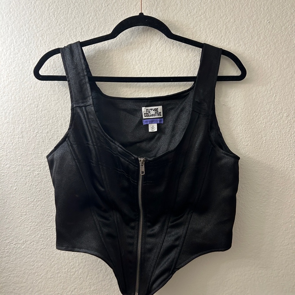 Black Faux Leather Zip-Front Corset Tank